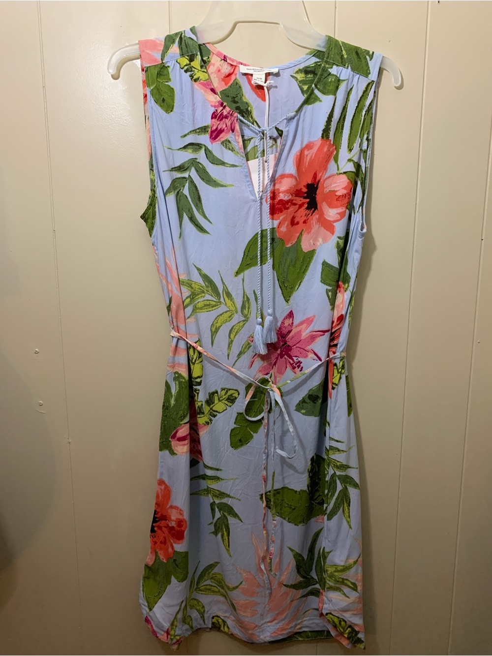 Beach lunch lounge M Tropical Tie-Waist Sleeveless Dress - Light Blue/Green/Pink
